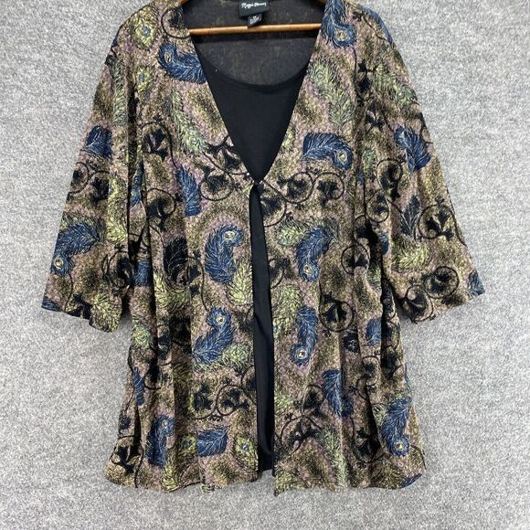 Maggie Barnes Top Women 2X Plus Gray Feather Print One Button 3/4 Sleeve Casual - Picture 4 of 8